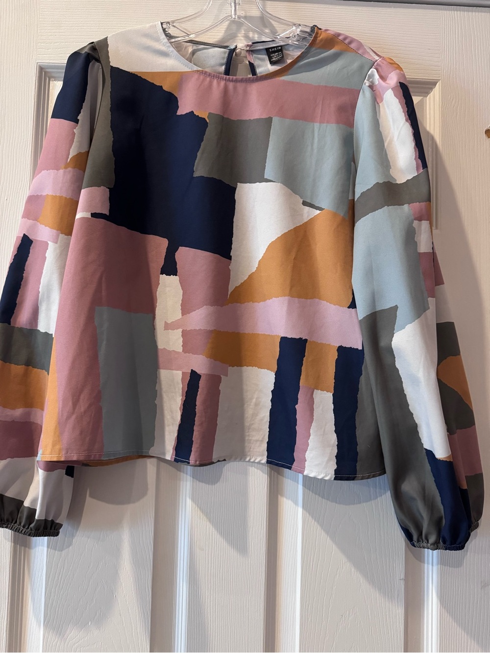 SHEIN Abstract Colorblock Long-Sleeve Blouse - Navy, Pink, Mustard